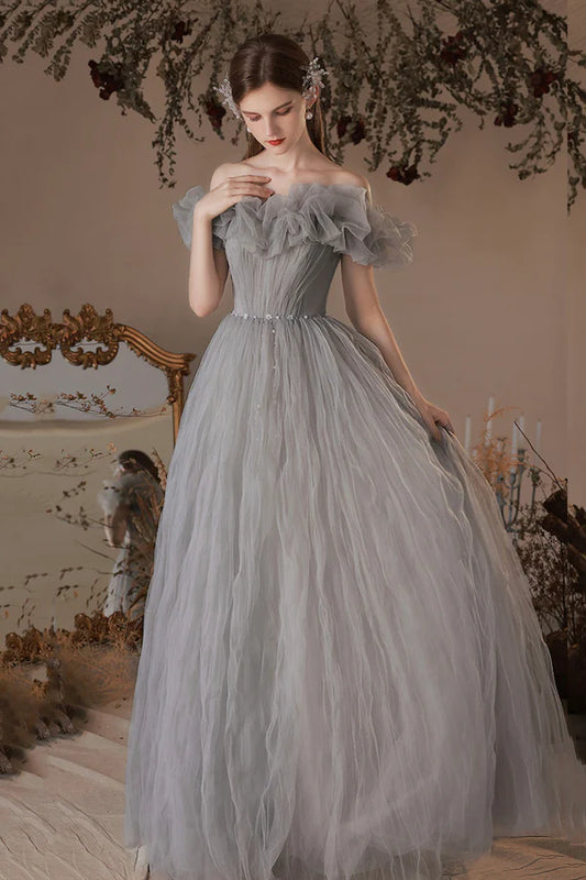 Gray Tulle Long A-Line Prom Dress Off the Shoulder Formal Evening Dress