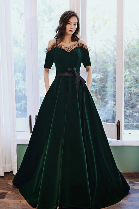 Green Velvet Long A-Line Prom Dress Green Off the Shoulder Graduation Dress