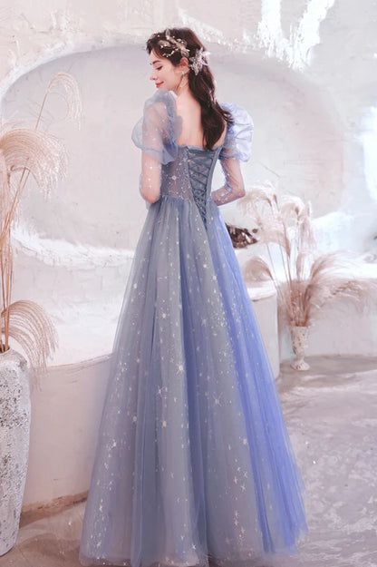 Blue Tulle Long Sleeve Prom Dress A-Line Long Sleeve Tulle Evening Party Dress