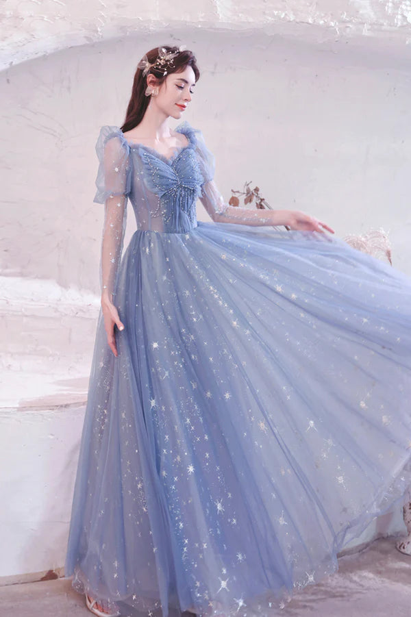 Blue Tulle Long Sleeve Prom Dress A-Line Long Sleeve Tulle Evening Party Dress