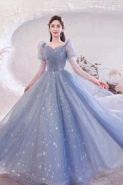 Blue Tulle Long Sleeve Prom Dress A-Line Long Sleeve Tulle Evening Party Dress