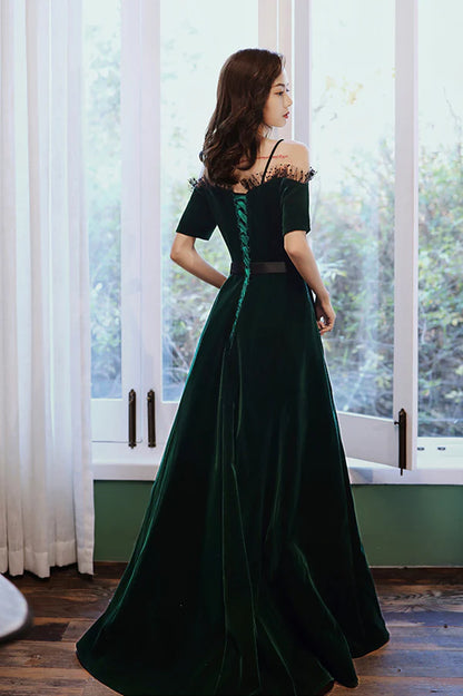 Green Velvet Long A-Line Prom Dress Green Off the Shoulder Graduation Dress