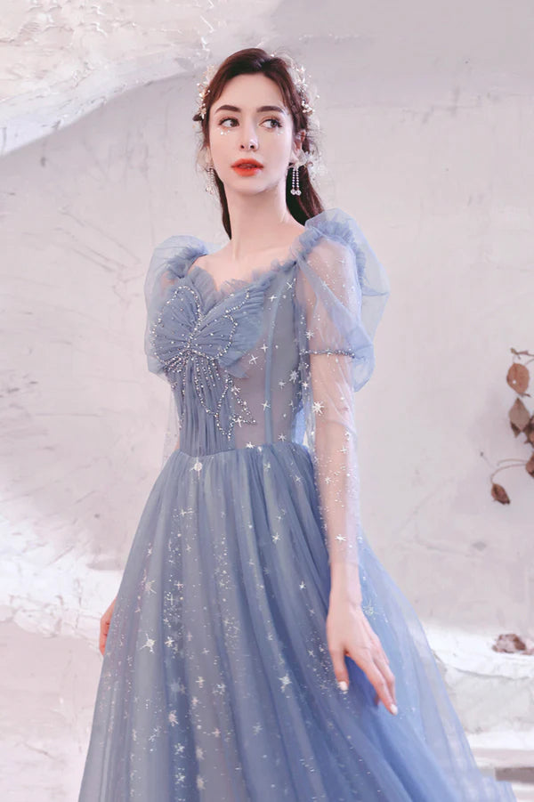 Blue Tulle Long Sleeve Prom Dress A-Line Long Sleeve Tulle Evening Party Dress