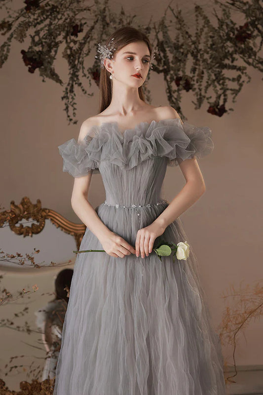 Gray Tulle Long A-Line Prom Dress Off the Shoulder Formal Evening Dress