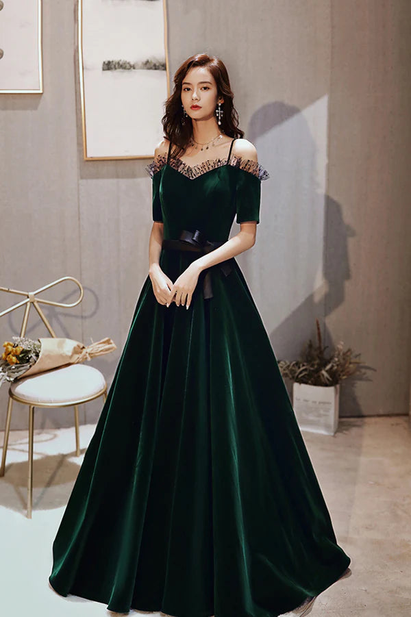 Green Velvet Long A-Line Prom Dress Green Off the Shoulder Graduation Dress