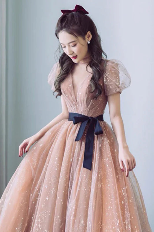 Cute Tulle Long Prom Dress with Bow A-Line Evening Graduation Dress