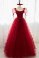 Red Tulle Short Sleeve Prom Dress A-Line Floor Length Evening Graduation Dress