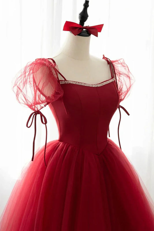 Red Tulle Short Sleeve Prom Dress A-Line Floor Length Evening Graduation Dress