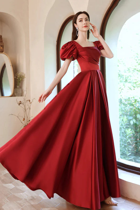 Burgundy Satin Long A-Line Prom Dress Lovely Puff Sleeve Evening Dress