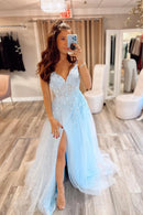 Blue Lace Long A-Line Prom Dress A-Line V-Neck Graduation Dress