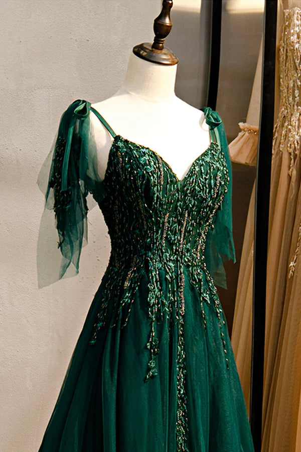 Green V-Neck Lace Long Prom Dress A-Line Spaghetti Straps Evening Dress