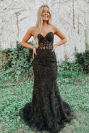 Black Lace Floor Length Prom Dress Mermaid Strapless Evening Dress