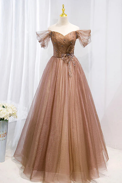 A-Line Tulle Beaded Long Formal Dress Off the Shoulder Evening Dress