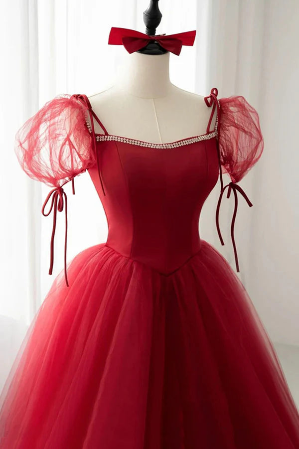 Red Tulle Short Sleeve Prom Dress A-Line Floor Length Evening Graduation Dress