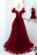 Burgundy Satin Tulle Long Prom Dress A-Line Short Sleeve Evening Party Dress