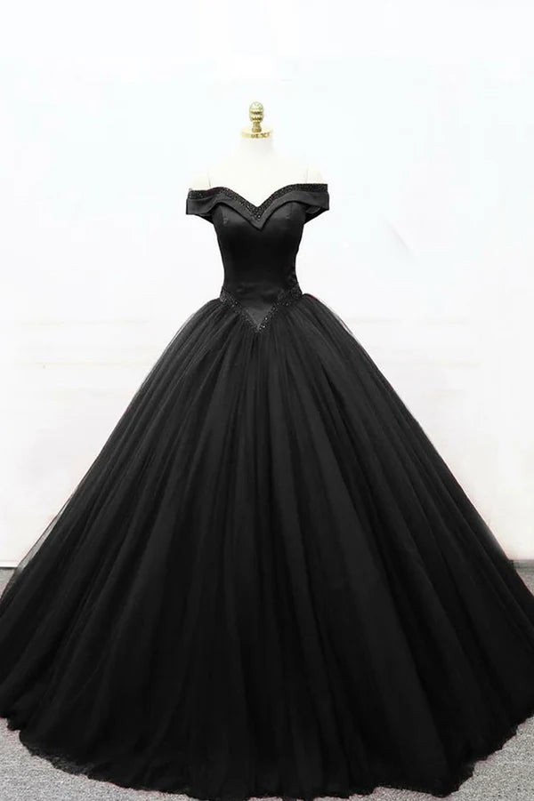 Black Tulle Beaded Long Ball Gown A-Line Off the Shoulder Evening Formal Gown