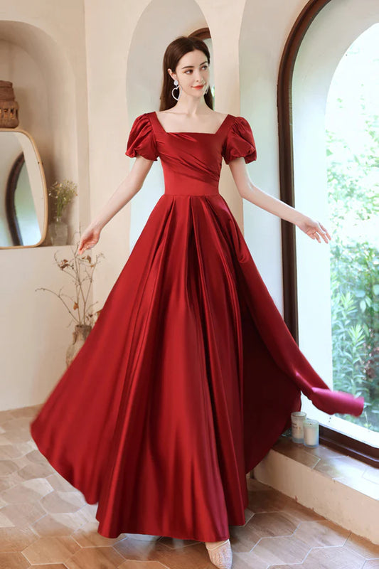 Burgundy Satin Long A-Line Prom Dress Lovely Puff Sleeve Evening Dress