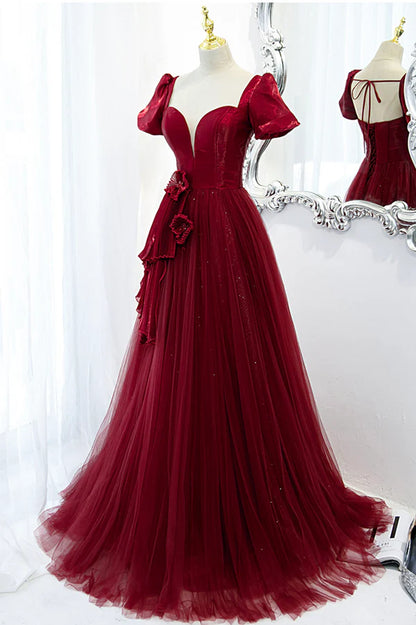 Burgundy Satin Tulle Long Prom Dress A-Line Short Sleeve Evening Party Dress