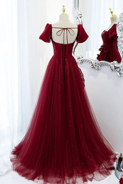 Burgundy Satin Tulle Long Prom Dress A-Line Short Sleeve Evening Party Dress