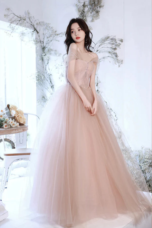 Pink Tulle Long A-Line Prom Dress Pink Off the Shoulder Evening Party Dress