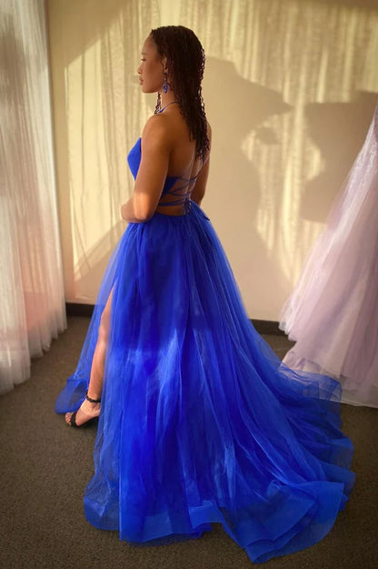 Blue V-Neck Tulle Long Backless Prom Dress Simple Evening Dress with Slit