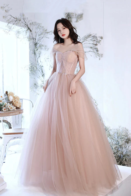 Pink Tulle Long A-Line Prom Dress Pink Off the Shoulder Evening Party Dress