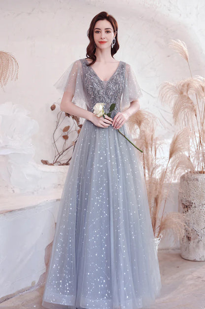 Gray V-Neck Tulle Sequins Long Prom Dress A-Line Evening Graduation Dress