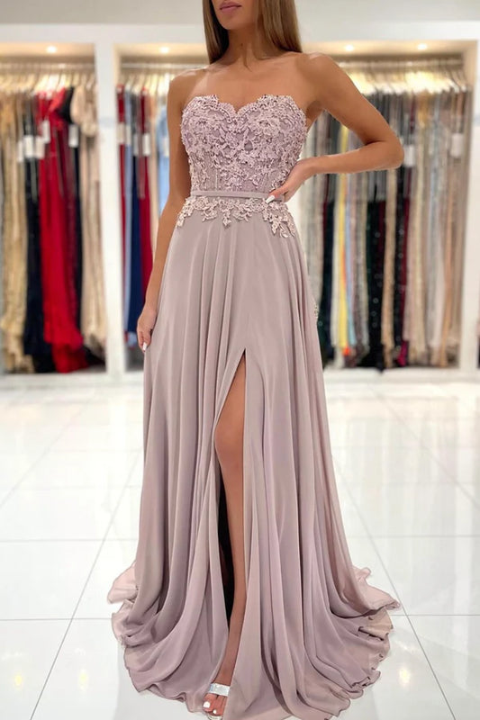 Cute Chiffon Lace Long A-Line Prom Dress Cute Strapless Party Dress with Slit