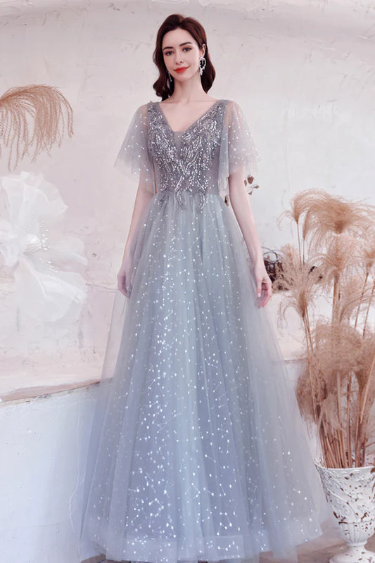 Gray V-Neck Tulle Sequins Long Prom Dress A-Line Evening Graduation Dress