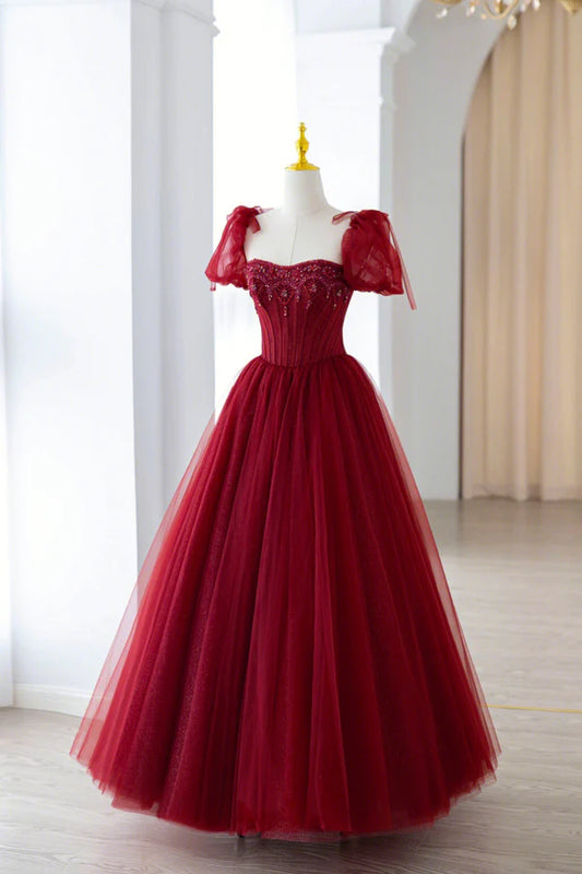 Burgundy Tulle Beaded Long Prom Dress A-Line Short Sleeve Evening Dress