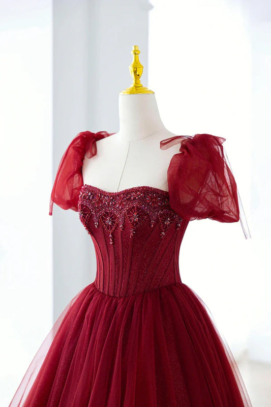 Burgundy Tulle Beaded Long Prom Dress A-Line Short Sleeve Evening Dress