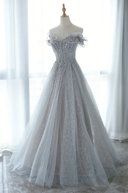 Gray Tulle Lace Floor Length Evening Dress Off the Shoulder Prom Dress