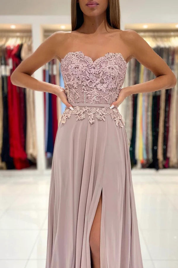 Cute Chiffon Lace Long A-Line Prom Dress Cute Strapless Party Dress with Slit