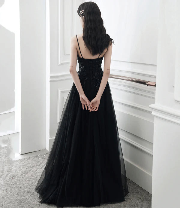 Black V-Neck Tulle Lace Long Prom Dress A-Line Evening Party Dress