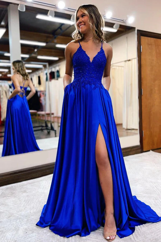 Cute V-Neck Satin Lace Long Prom Dress A-Line Evening Dress with Slit