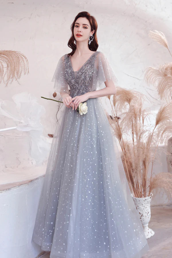 Gray V-Neck Tulle Sequins Long Prom Dress A-Line Evening Graduation Dress