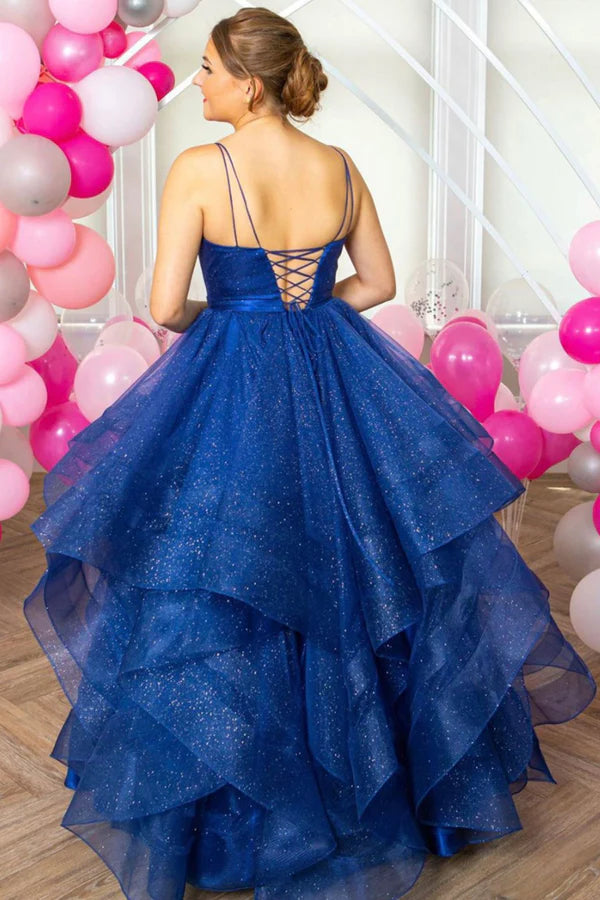 Blue Tulle Long A-Line Evening Dress Blue Tulle Layers Long Formal Dress