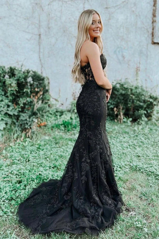 Black Lace Floor Length Prom Dress Mermaid Strapless Evening Dress