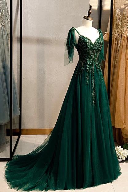 Green V-Neck Lace Long Prom Dress A-Line Spaghetti Straps Evening Dress