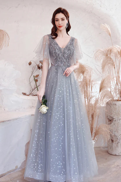 Gray V-Neck Tulle Sequins Long Prom Dress A-Line Evening Graduation Dress