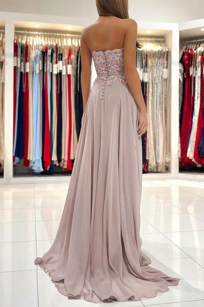 Cute Chiffon Lace Long A-Line Prom Dress Cute Strapless Party Dress with Slit