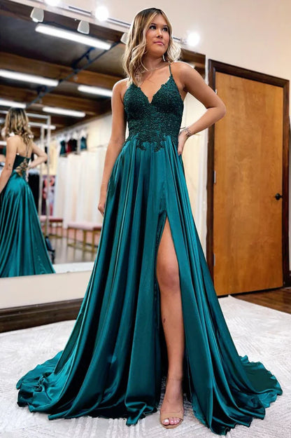 Cute V-Neck Satin Lace Long Prom Dress A-Line Evening Dress with Slit