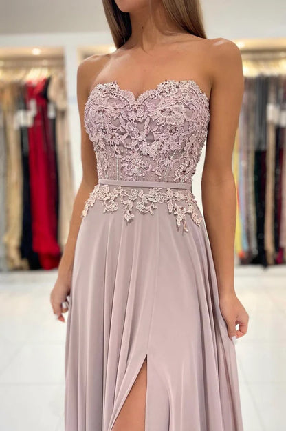 Cute Chiffon Lace Long A-Line Prom Dress Cute Strapless Party Dress with Slit