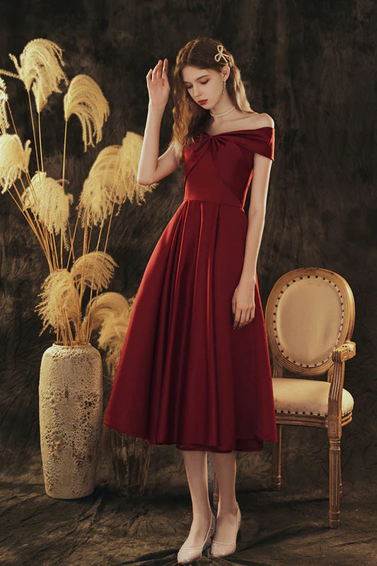 Burgundy Satin Short Prom Dress Cute Off the Shoulder Evening Dress