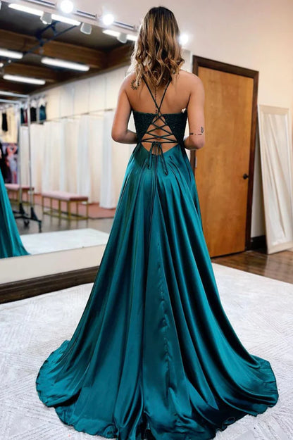 Cute V-Neck Satin Lace Long Prom Dress A-Line Evening Dress with Slit