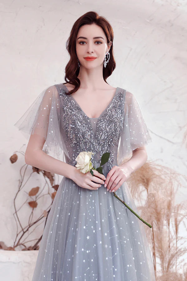 Gray V-Neck Tulle Sequins Long Prom Dress A-Line Evening Graduation Dress