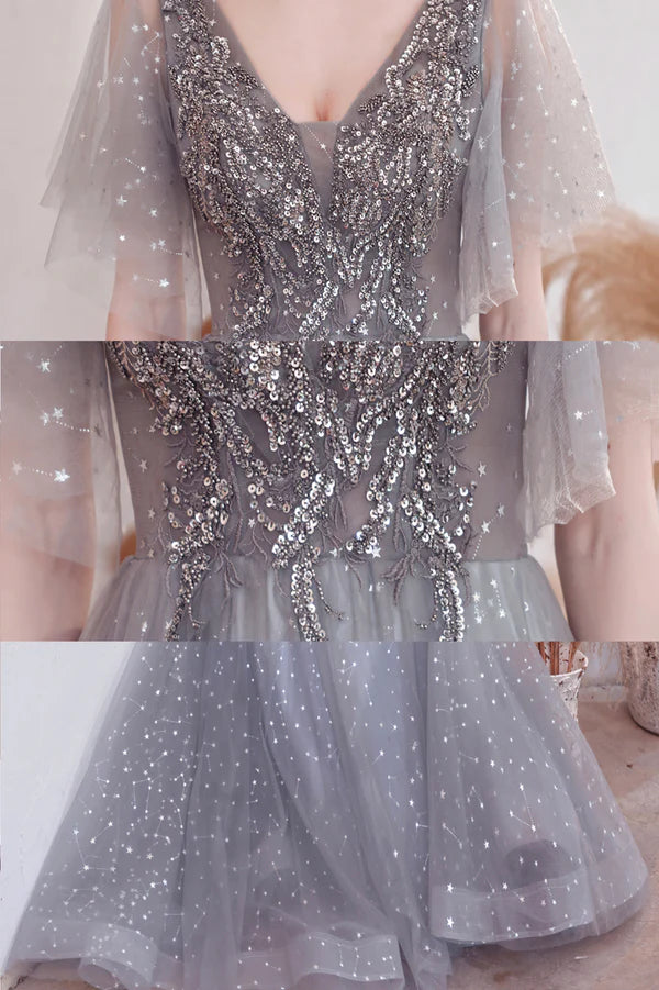 Gray V-Neck Tulle Sequins Long Prom Dress A-Line Evening Graduation Dress