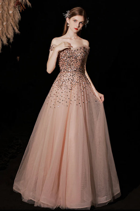 Shiny Tulle Long A-Line Prom Dress with Sequins Off the Shoulder Party Dress