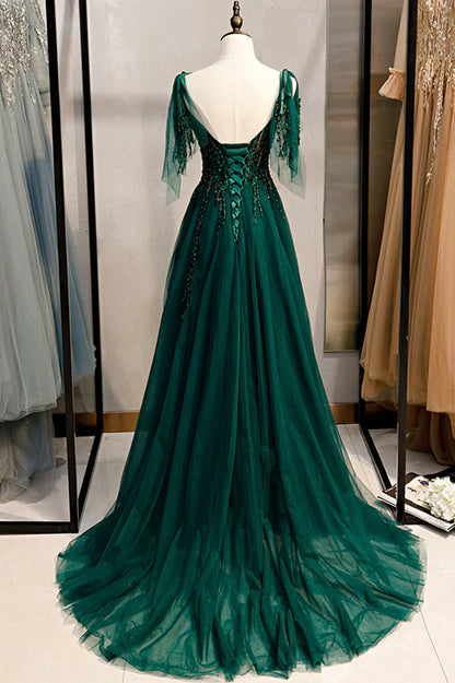 Green V-Neck Lace Long Prom Dress A-Line Spaghetti Straps Evening Dress