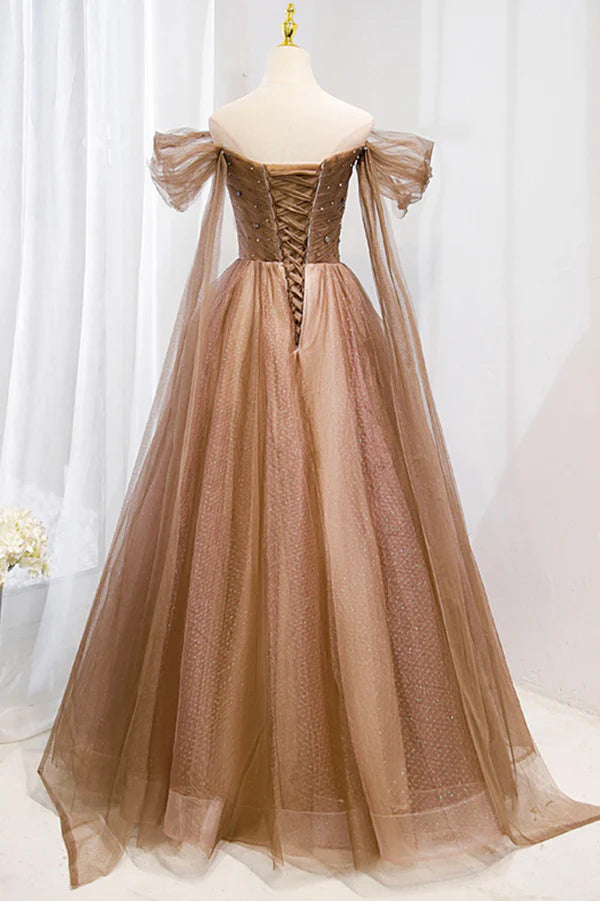 A-Line Tulle Beaded Long Formal Dress Off the Shoulder Evening Dress